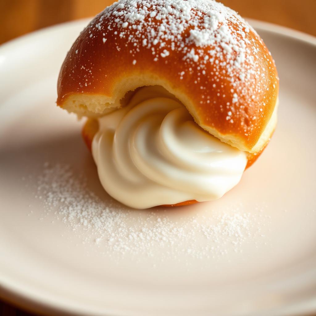Brioche donut filled with vanilla bean pastry cream and dusted with powdered sugar