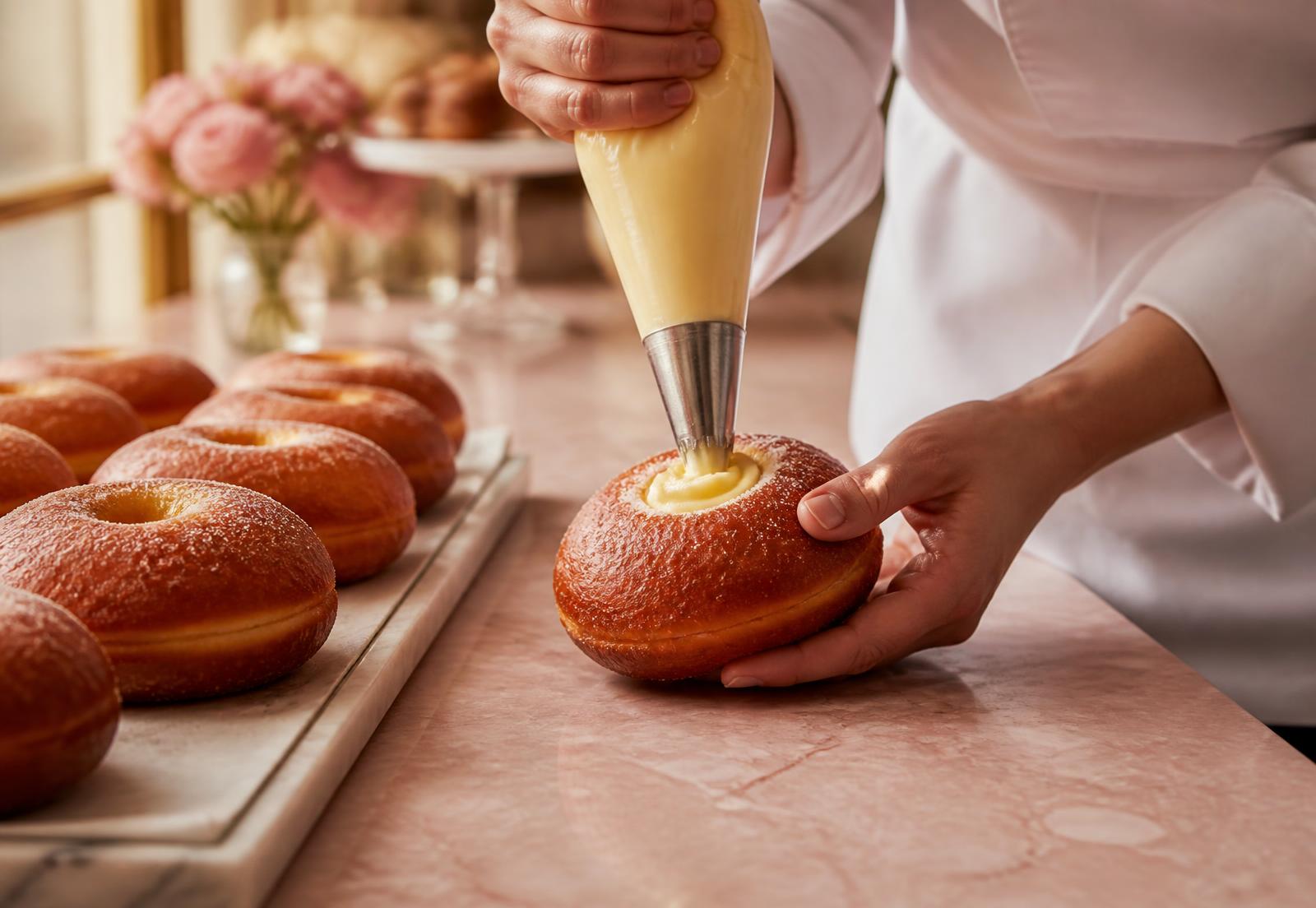 Baker piping vanilla cream into a freshly baked brioche donut
